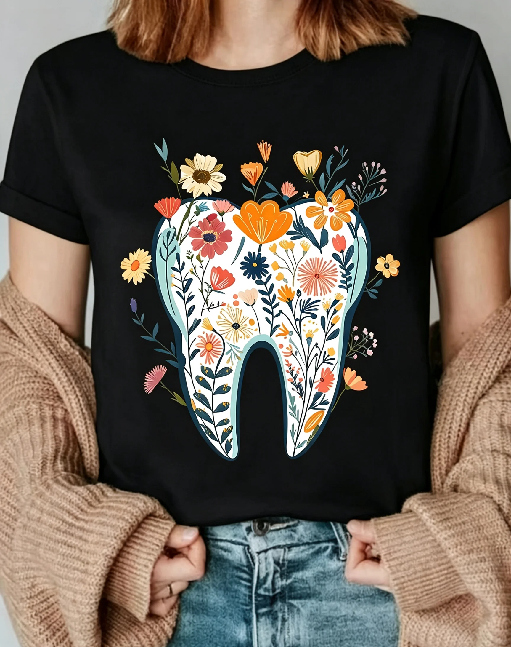 Dental Tooth Flower T Shirt Floral Clinic Graphic Crewneck Loose Top Apparel for Women Dentist Office Work Casual Wear