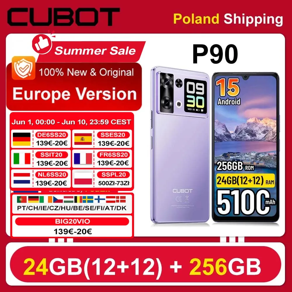 [Expédition depuis la Pologne] Smartphone Cubot P90 5100mAh Android 15 24(12+12)Go + 256Go 6.88" 120Hz 64MP Téléphone portable NFC Empreinte digitale