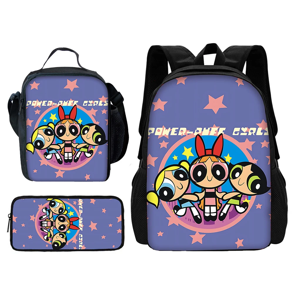 Cartoon Girls The P-powerpuffs Child School Backpack with Lunch Bags,Pencil Bags,School Bags for Boys Girls Best Gift