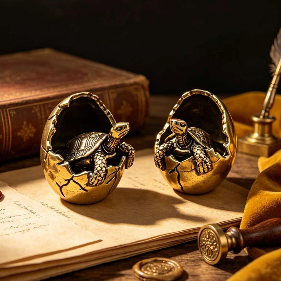 Vintage Brass Broken-Shell Baby Turtle Figurine, Finely Crafted with 3D Engraving, Mini Desktop Decoration Craft, Fun and Creative Statue, Display Piece for Study Room and Bookshelf, Niche Collectible, Lucky and Auspicious Small Accessory, Holiday Gift, Tea Table and Entryway Micro-Landscape Decoration, European Retro Style, Fine Texture, Compact and Portable, Home and Office Decoration, Window Display Piece
