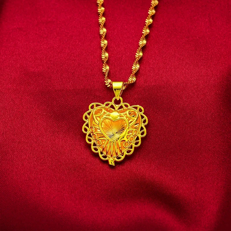 Mylux Jewelry Heart Hollow Necklace for Women, 24K Gold, AU999 | Layered hollow hearts with tassels and diamonds, stunning for p