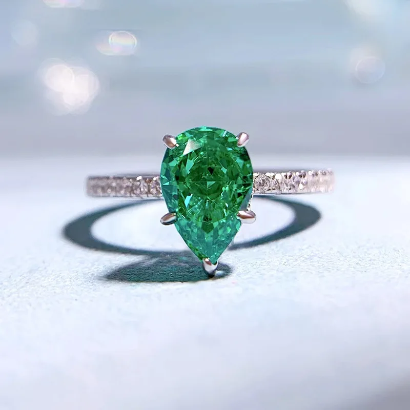 2023 New S925 Silver Droplet 6 * 9 Green Diamond Pear Ring for Women with European and American Ins Style Fashion Versatile