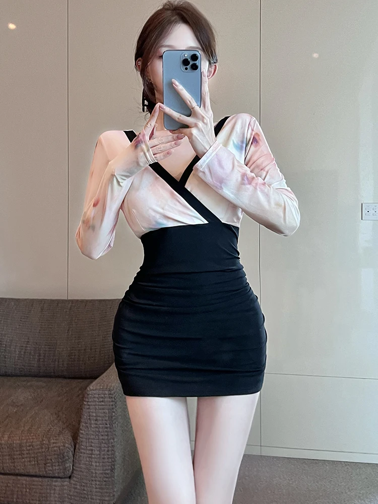 2025 القطن الأسود المرقعة الأزهار شبكة الخامس الرقبة فستان مثير المرأة أنيقة الورك التفاف فستان الخريف الشتاء الكورية موضة فستان كاجوال