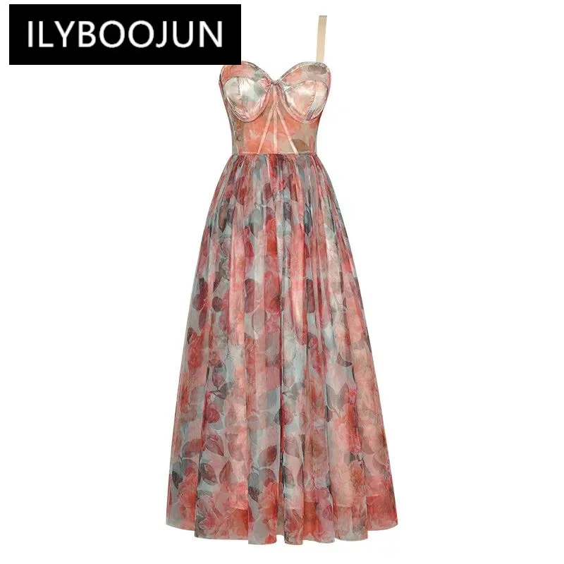 

ILYBOOJUN Fashion Designer Summer Mesh Sling Dress Women's Slash Neck Sleeveless Off Shoulder Backless Vintage Print Midi Dress