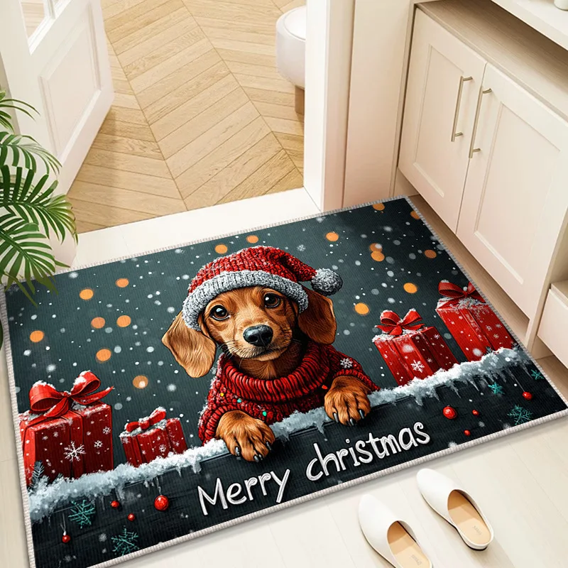 VIKAMA Dark Green Dachshund Christmas Sweater Door Mat Dirt Resistant Non Slip Entryway Porch Pet Outdoor Holiday Home Decor
