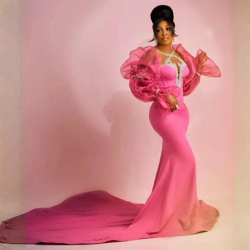 

Платье для выпускного вечера Aso Ebi с кристаллами, розовые африканские платья для выпускного вечера, расшитые бисером, вечерние платья русалки с длинными рукавами, прозрачная шея