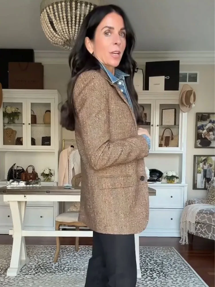 

HH женский текстурированный пиджак, пальто, повседневное свободное пальто в уличном стиле, женская модная однобортная куртка с длинными рукавами и карманами с лацканами