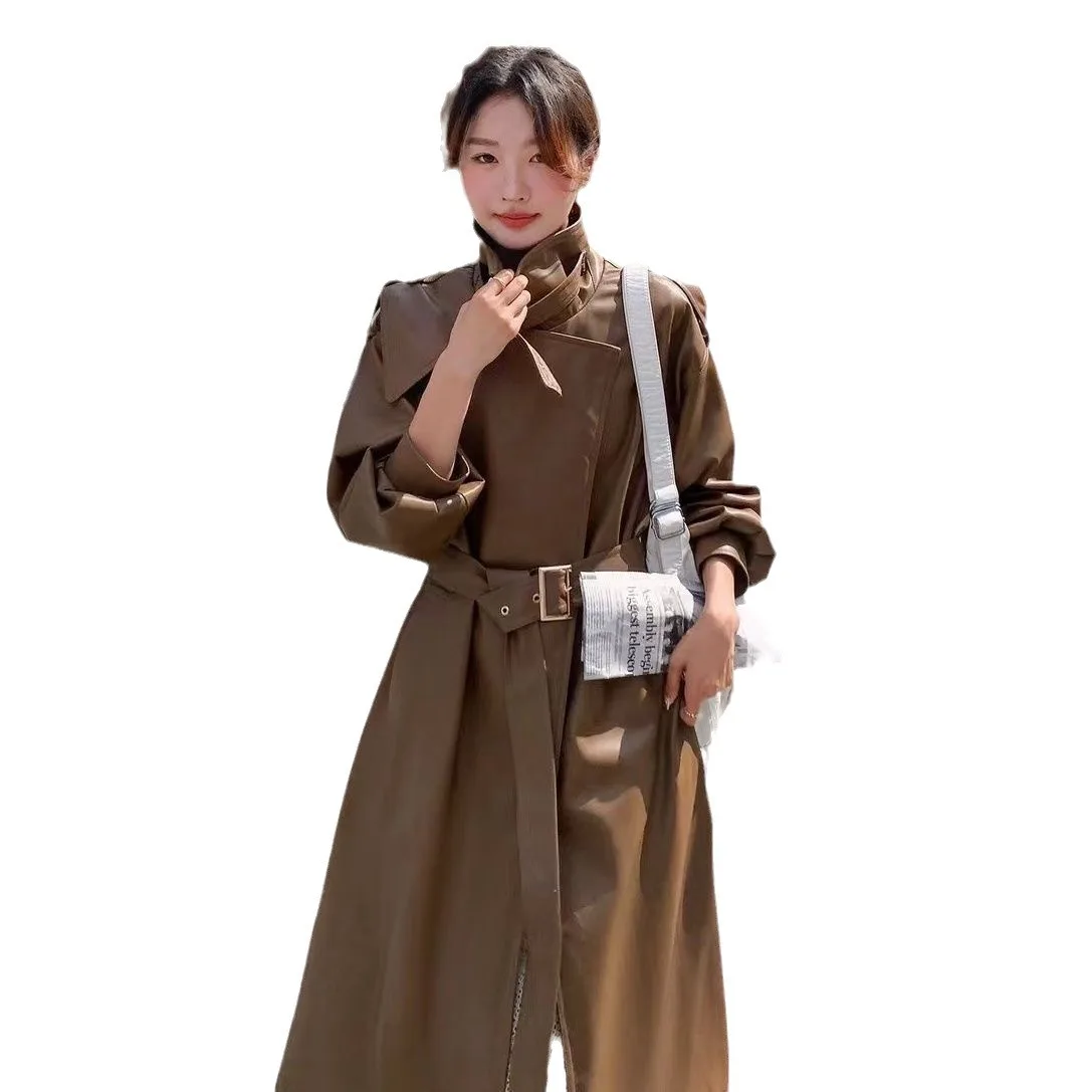 SuperAen 2024 Autumn and Winter New PU Leather Women's Belt Waist Trench Long Coat Pockets Solid Color Coats