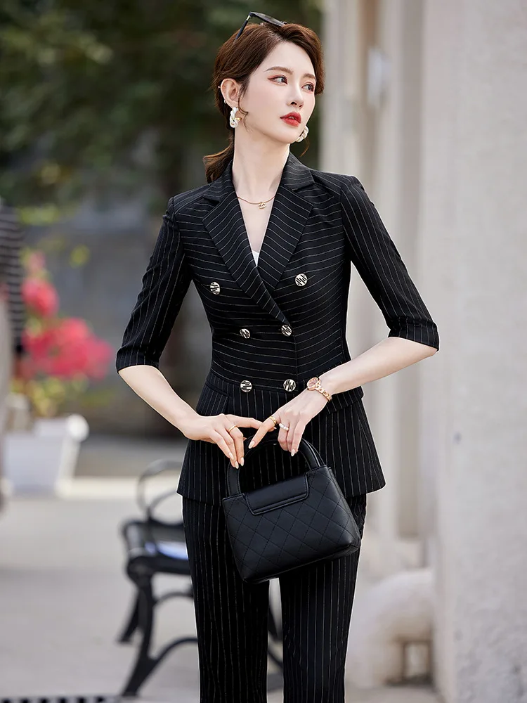 High-Grade Striped Business Suit Tailored Suit Formal Clothes Women's Suit Short-Sleeved Overalls Summer Dignified Goddess High-