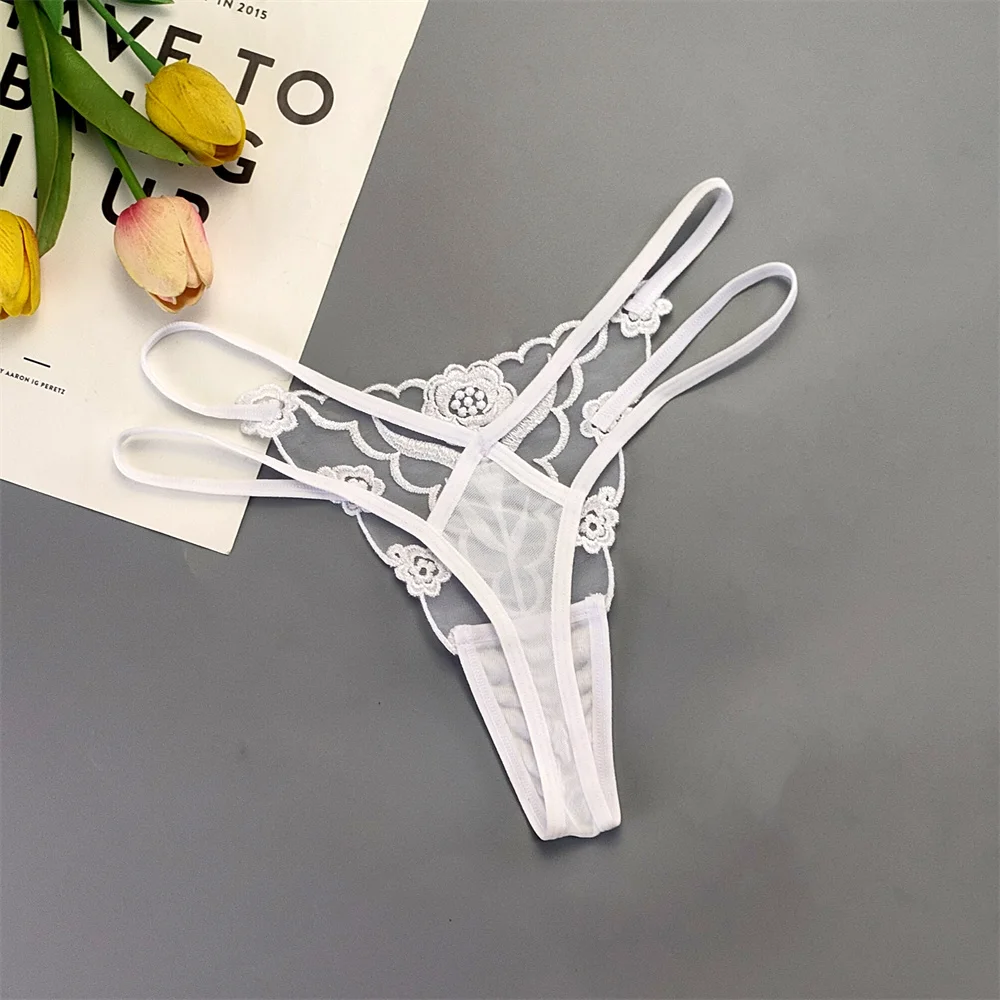 2 ks výšivky květiny sexy dámské tanga dvojitý tenký pásek průhledná síťovina tangá bezešvé spodní prádlo plus velikost - náhled 4