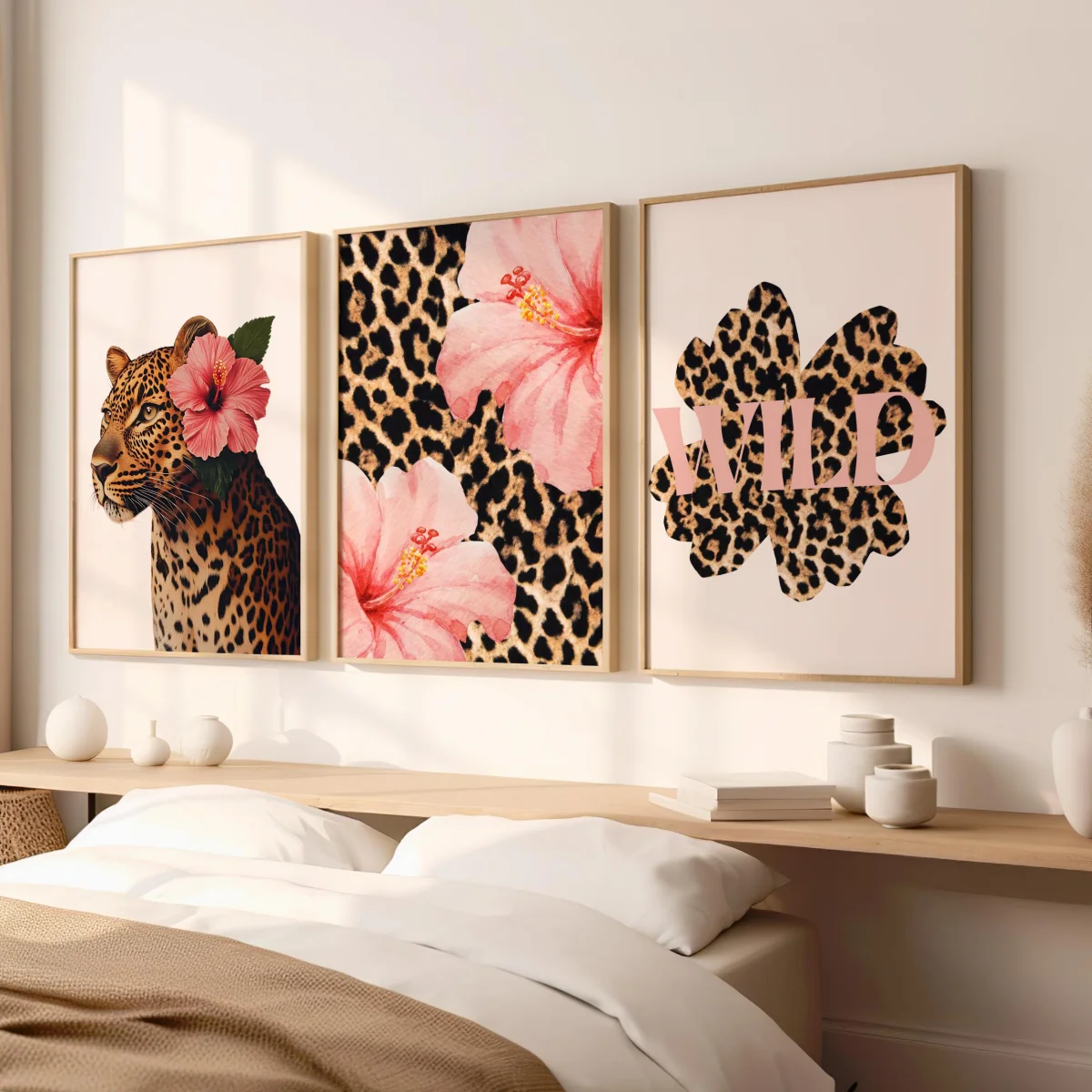 1/3 Stück Funky Y2K Leoparden-Hibiskusblumen-Rosa-Geparden-Leinwanddruck-Poster Vintage Hawaiianische Aloha Tierkunstdrucke Heimdekoration