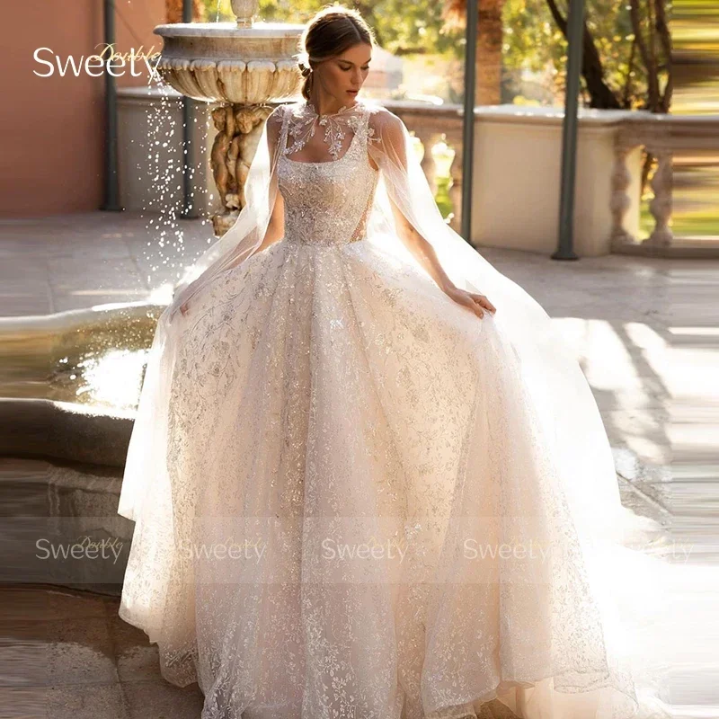 Elegant Wedding Dress Embroidered Lace On Net With Sequins Ball Gown A-Line Square Collar Sleeveless Prom Dresses Button Robe De