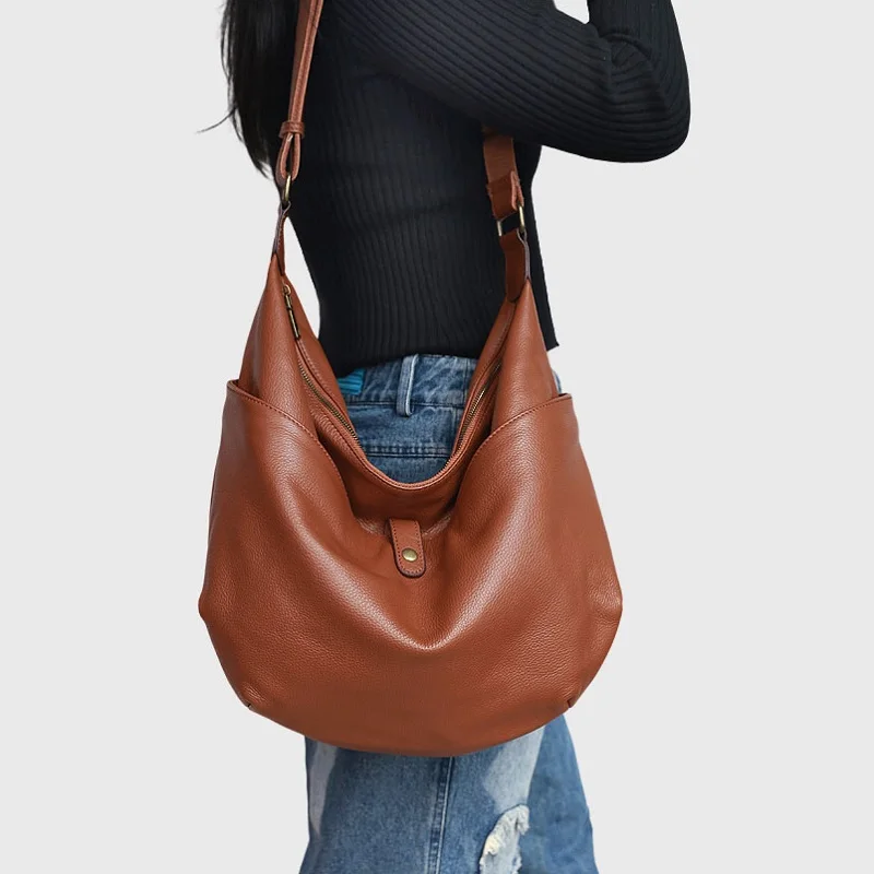 Lazy Style Big Bag Soft Leather Casual Large Capacity Shoulder Crossbody Bag Solid Color Cowhide Women\'s Bag Work Travel Handbag