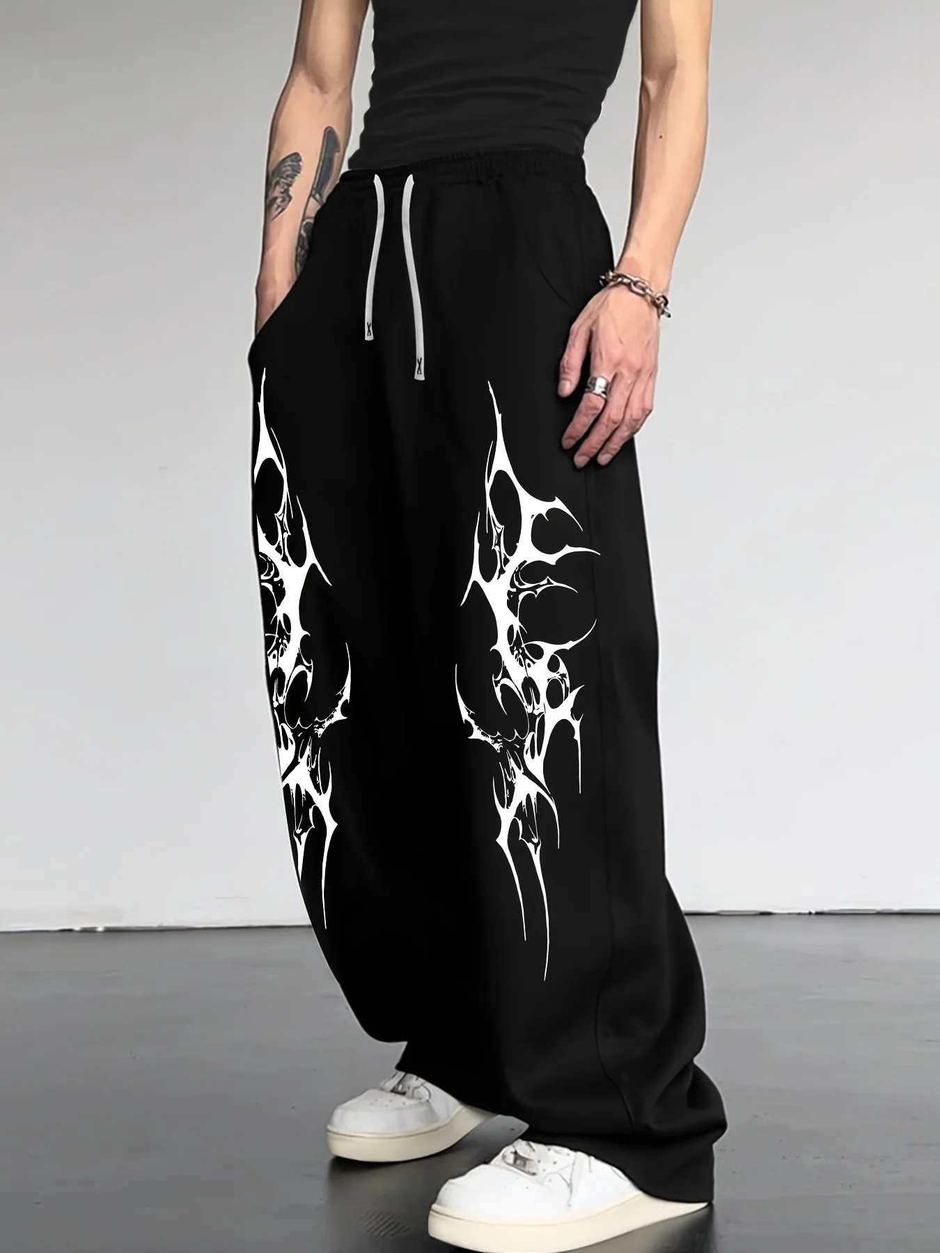 Gothic Tattoo Print Men's Casual Sporty Loose Straight Leg Trousers, New Style for All Seasons, Streetwear Men Pants