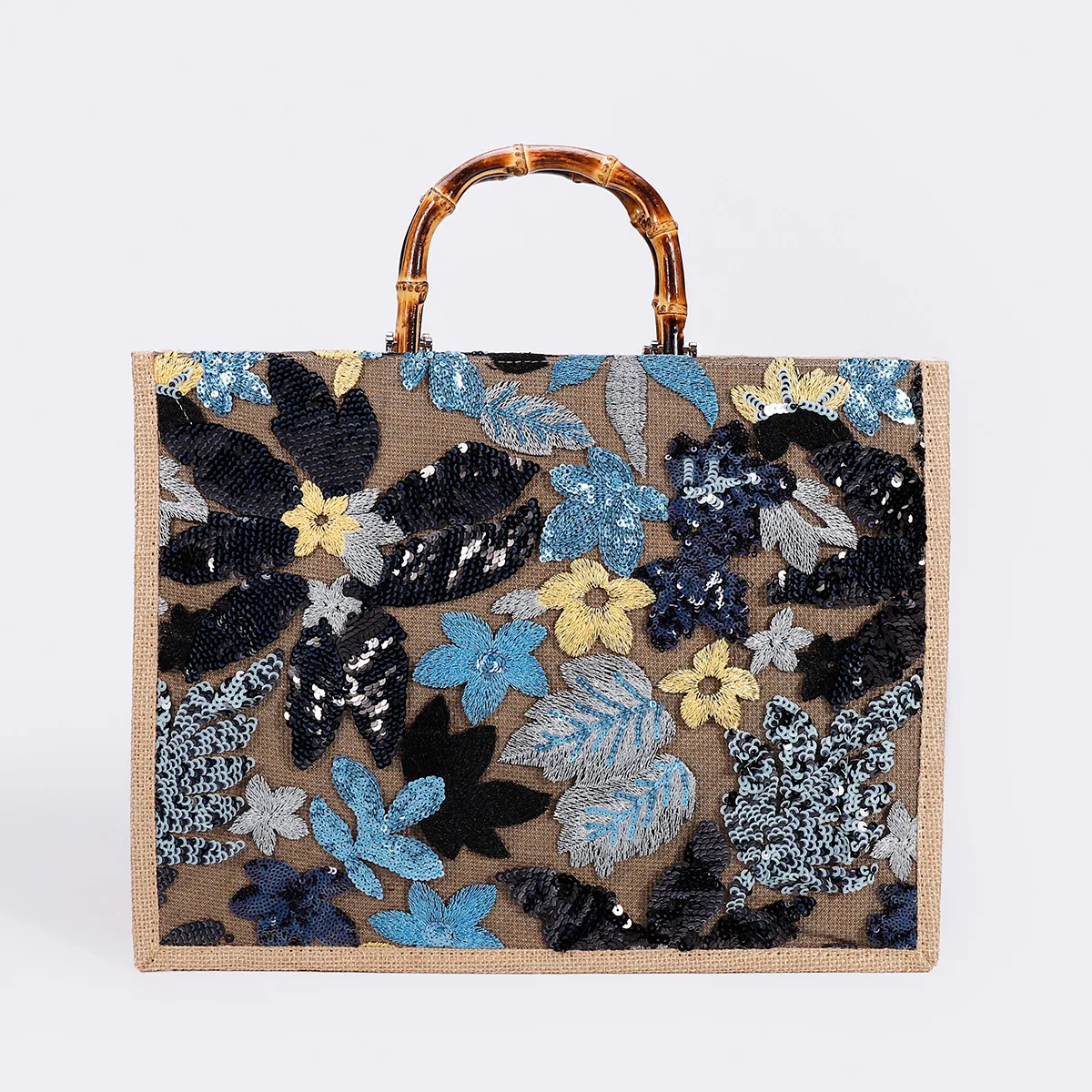 Bolsas de bambu vintage para mulheres, sacolas bordadas lantejoulas, grande capacidade de linho casual, bolsa de praia de verão, bolsa feminina