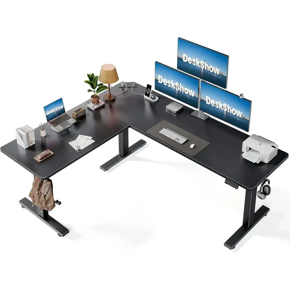 L-Shaped 75x63 Adjustable Standing Desk with Charging Station and Memory Controller for Home or Office Use