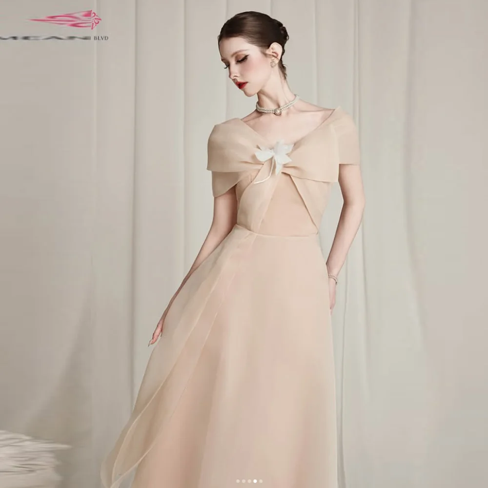 

A-line Evening Dresses Tea-length Off The Shoulder Sleeveless Prom Gown Women's Flowers Simple Draped Customized Gowns