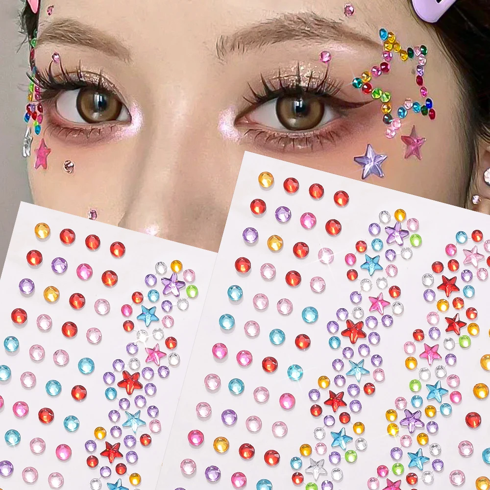 1Pcs 3D Iridescent Face Decorations Rhinestone Stickers Star/Round Gem Fake Tattoos for 14+Women Stage Body Eye Makeup Sticker