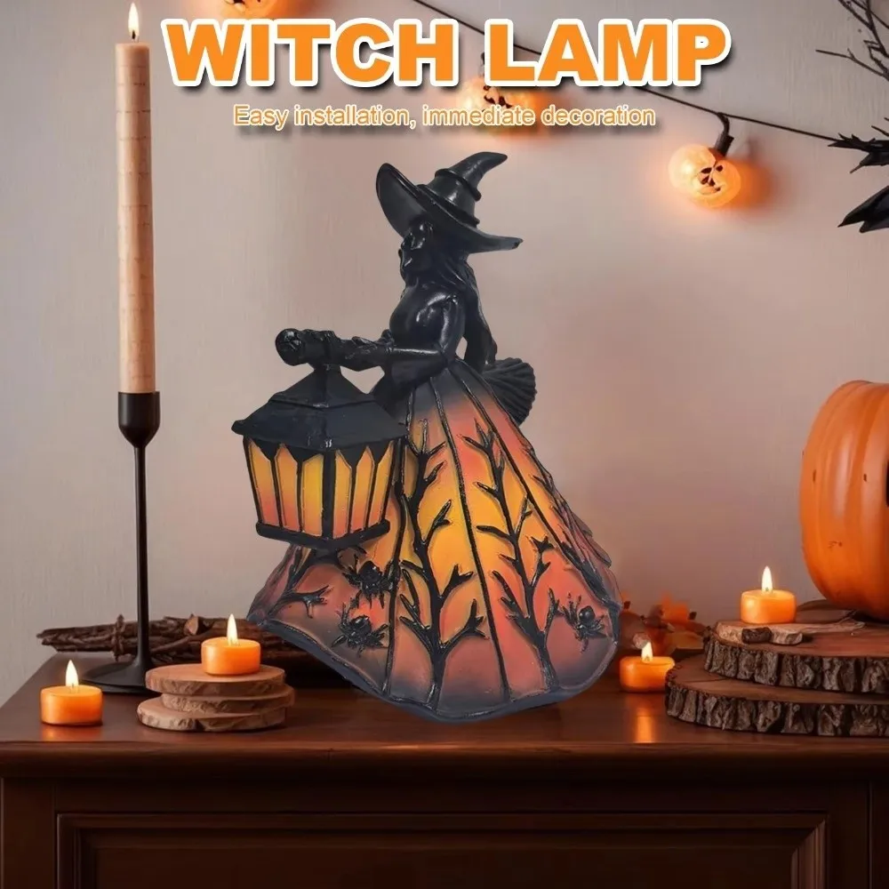 16cm Halloween Witch Lamp Scary Standing Design Broomstick Witch Statues Festive Atmosphere Holding Lantern Resin Night Light