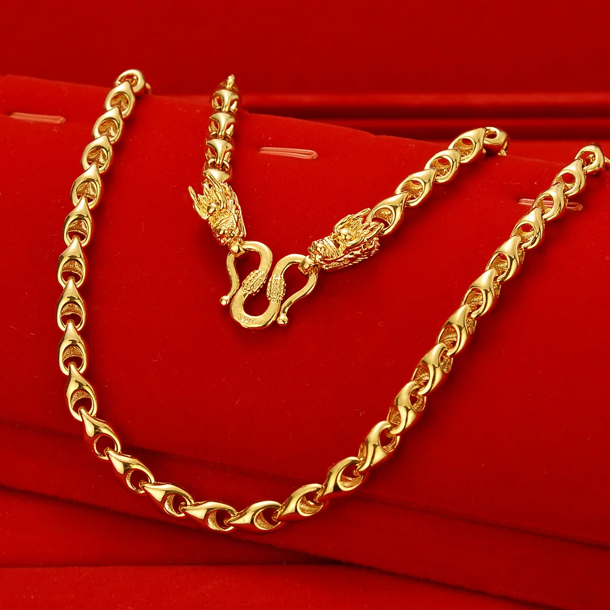 

9999 real gold the Year of the Loong zodiac men's necklace domineering double head 24k gold melon seed yuan treasure chain