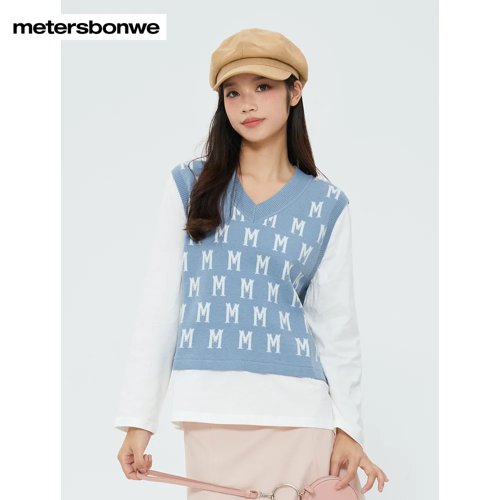 

Metersbonwe-Women's V-Neck Fake Two-Piece Sweater Jumper Woolen Vest And T-shirt Full Logo Jacquard Casual Simple Spring Autumn