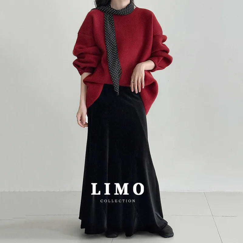 

LIMO 2025 новая элегантная бархатная юбка-миди для женщин, осенняя новая драпированная утягивающая плиссированная длинная юбка с высокой талией