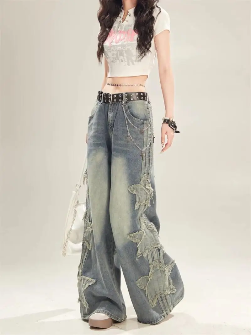 

Women's Pants Breathable Vintage Soft Denim winter autumn American Embroidery Drape Jeans Waist Loose Straight Wide Leg Trousers