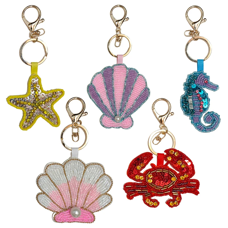 Beaded Patch Sequin Rhinestones Crab Starfish Seashell Conch Keychain For Embellishing Bag Charm Decor