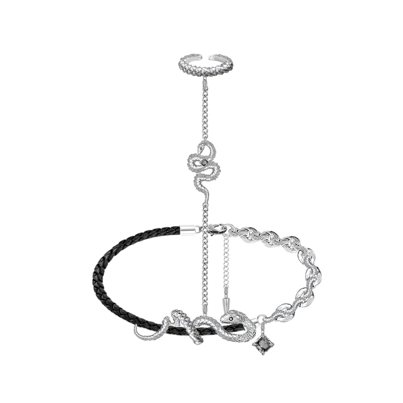 MASW Modern Set Jewelry Snake Bracelet With Ring Hot Sale Cool Style Original Design Black PU Bracelet Finger For Womne Female