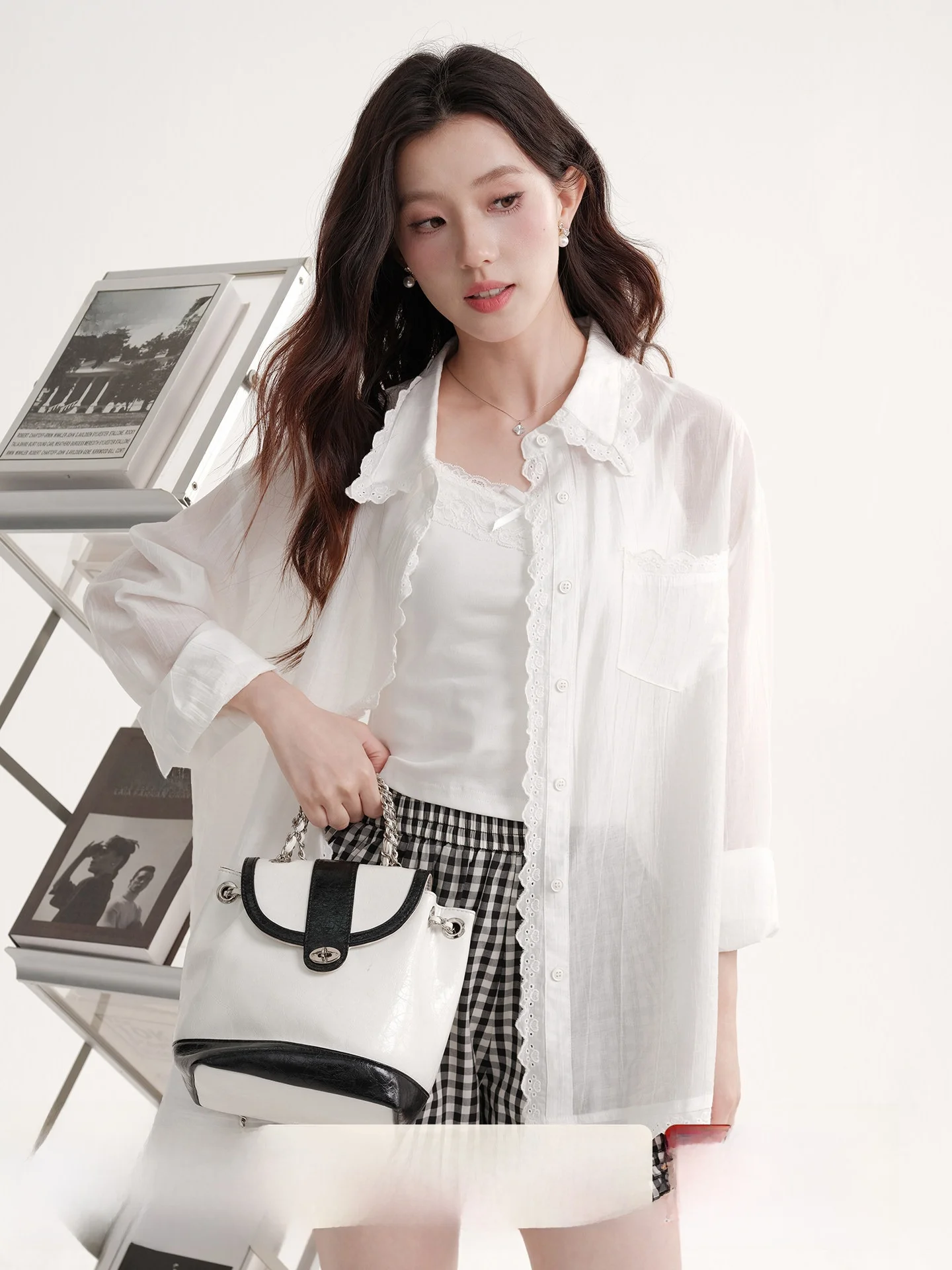 

Mu Lace Long Sve White irt Jaet Women's Summer Sun Protection Strap Top Two-Piece Set Casual Sle Loose Fit Cotton ...