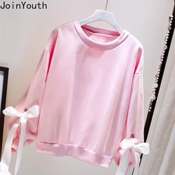 Hoodies Women Preppy Style Sweet Cute Thicked Y2k Tops Korean Clothes for Teens Bandage Bow Loose Casual Fashion Sweatshirt