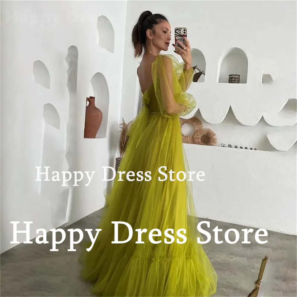 New Green A-Line Prom Dress Sweethear Neck Long Sleeves Tulle Appliques Corset Wedding Party Dress Fashion Evening Dresses