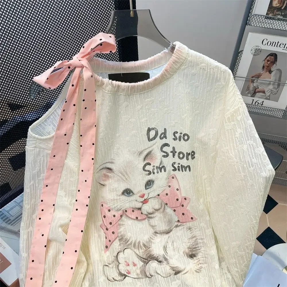 女性用長袖Tシャツ,y2kキャットプリントTシャツ,流行のトップス,原宿,透かし彫りの弓,ストリートウェア,グラフィック