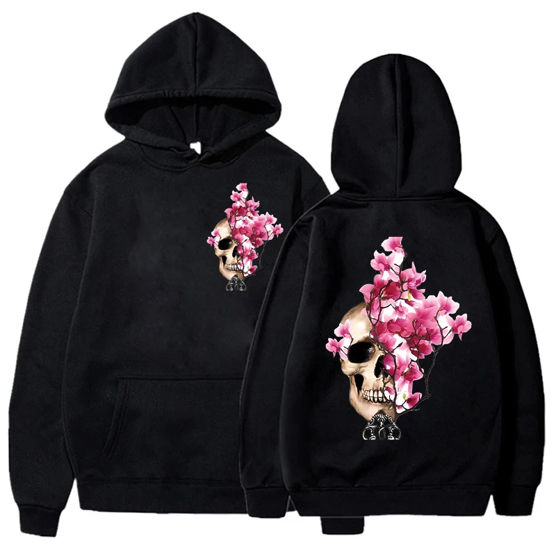 Casual Women\'s Hoodies Skull Floral Print Women Hoodie Stylish Hooded Sweatshirt Long Sleeve Top Autumn Winter Pink Hoodies Tops