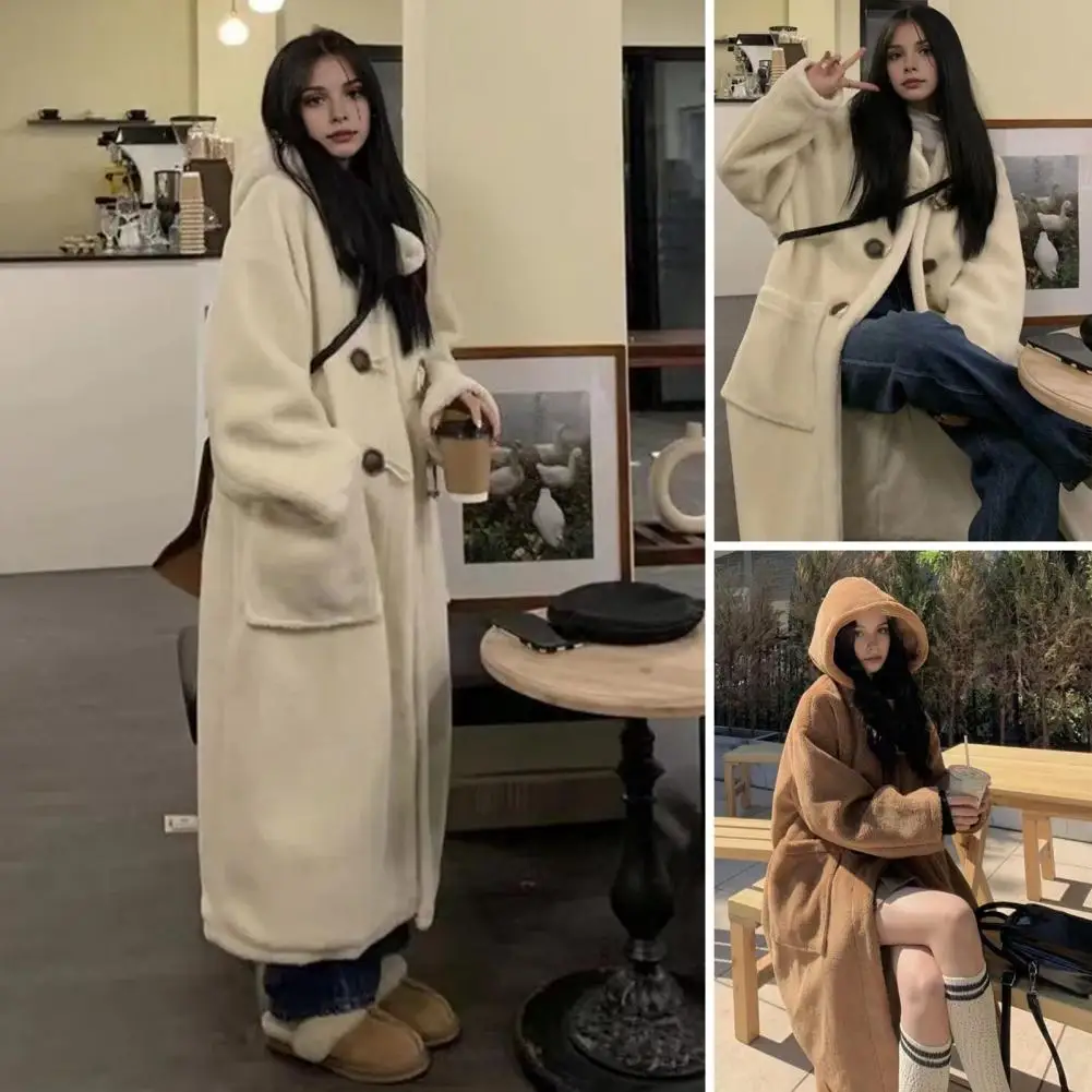 

Long Horn Buttons Lamb Wool Jacket Women's School Style Warm Hooded Overcoat Thickened For Autumn Winter 2025 Outerwear Outdoor