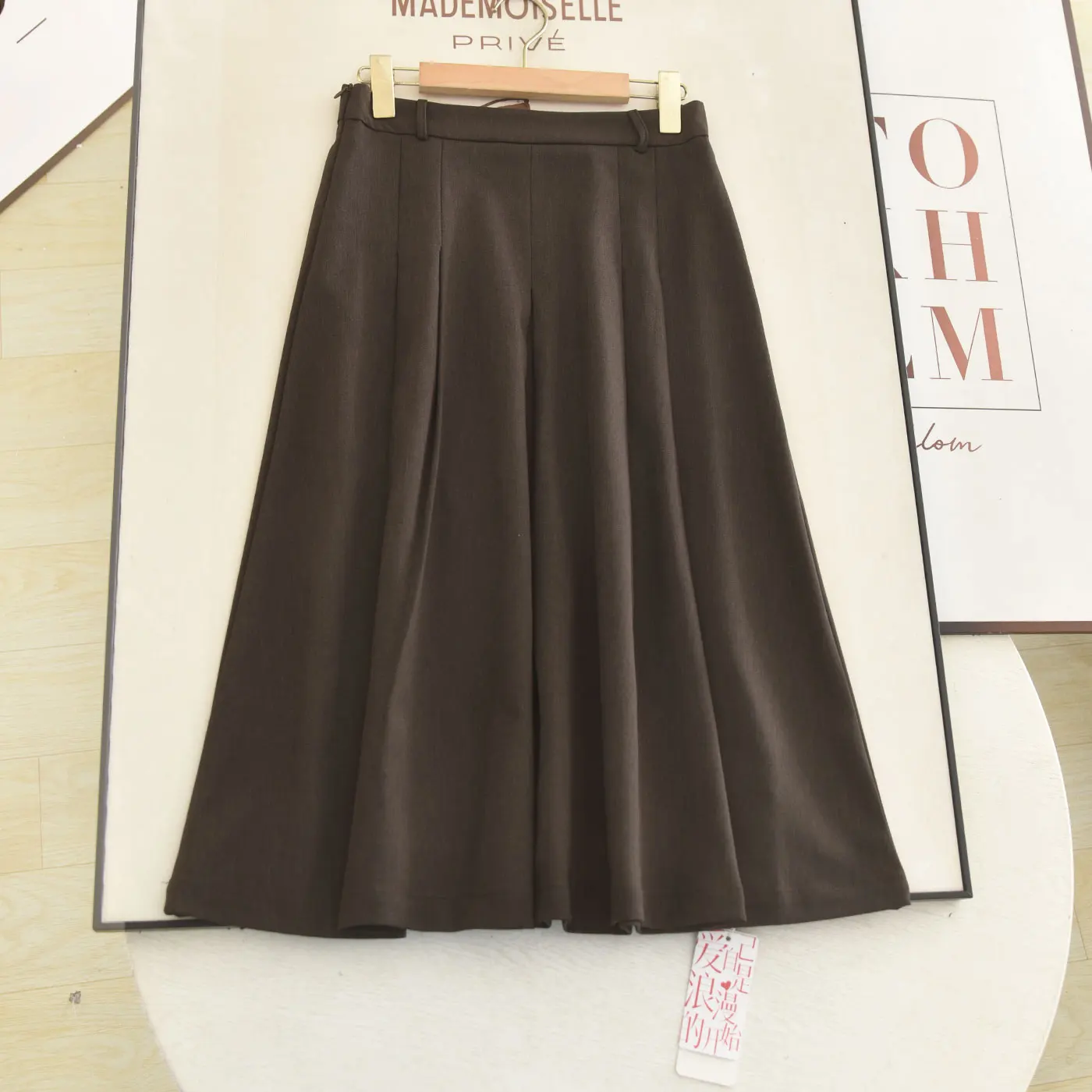 Elegant Vintage Brown Midi Skirt For Women High Waist Pleated A‑line Suit Skirt Side Zipper Swing Office Commuter Mid‑calf Skirt