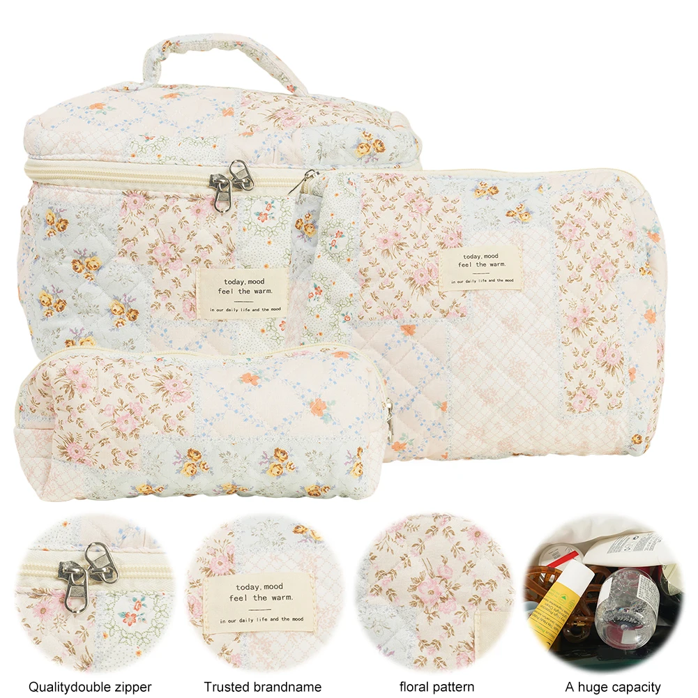 

3 Pcs Cotton Quilted Makeup Bag Large Women Floral Cosmetic Bag Zipper Toiletry Organizer Bag Travel Bag