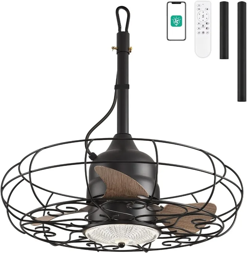 Outdoor Ceiling Fans with Light for Gazebo, 21'' Wet Rated Outdoor Hanging Fan Plug in Caged Lighting