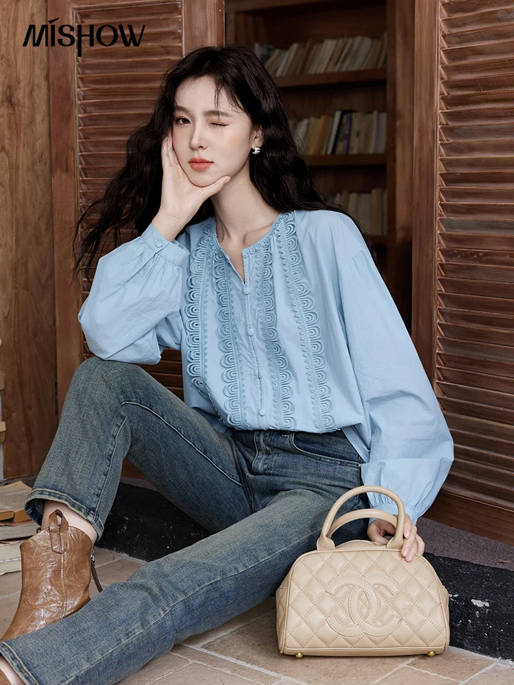 MISHOW 100 Cotton Retro French Hollowed Out Shirt Women 2024 Autumn Korean O Neck Top Solid Commute Straight Shirts MXD46X1686