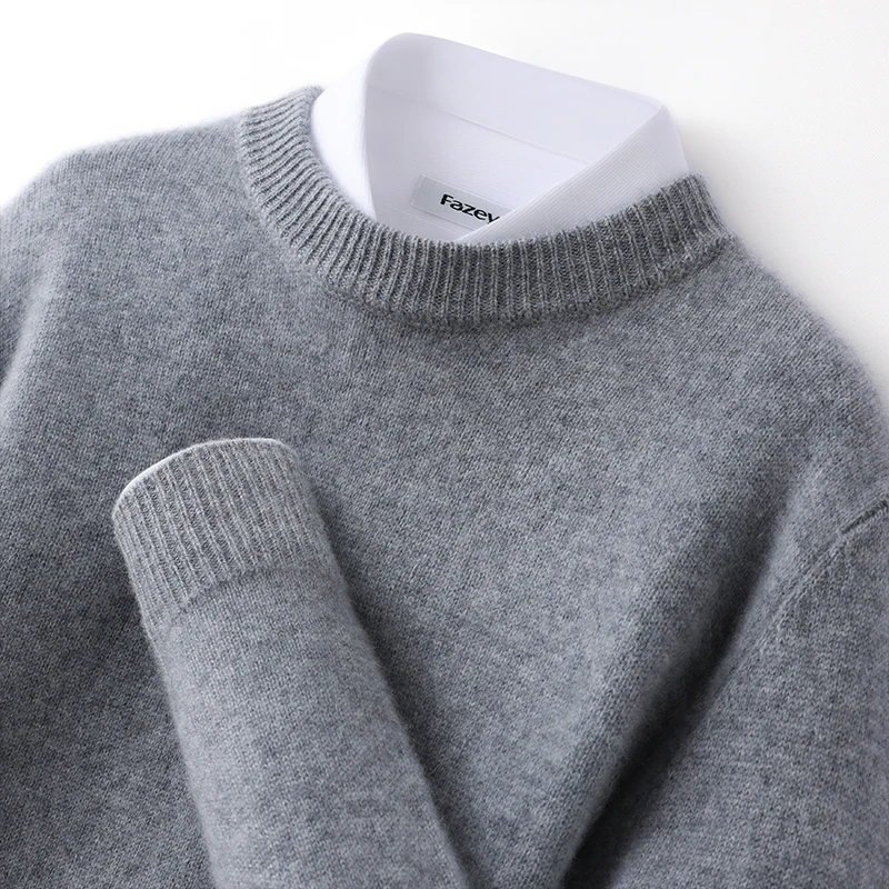 ZOCEPT 100% Natural Cashmere Sweater Men's Crew Neck Pullover Tops Winter Thickened Thermal Solid Color Sweater Versatile Basic