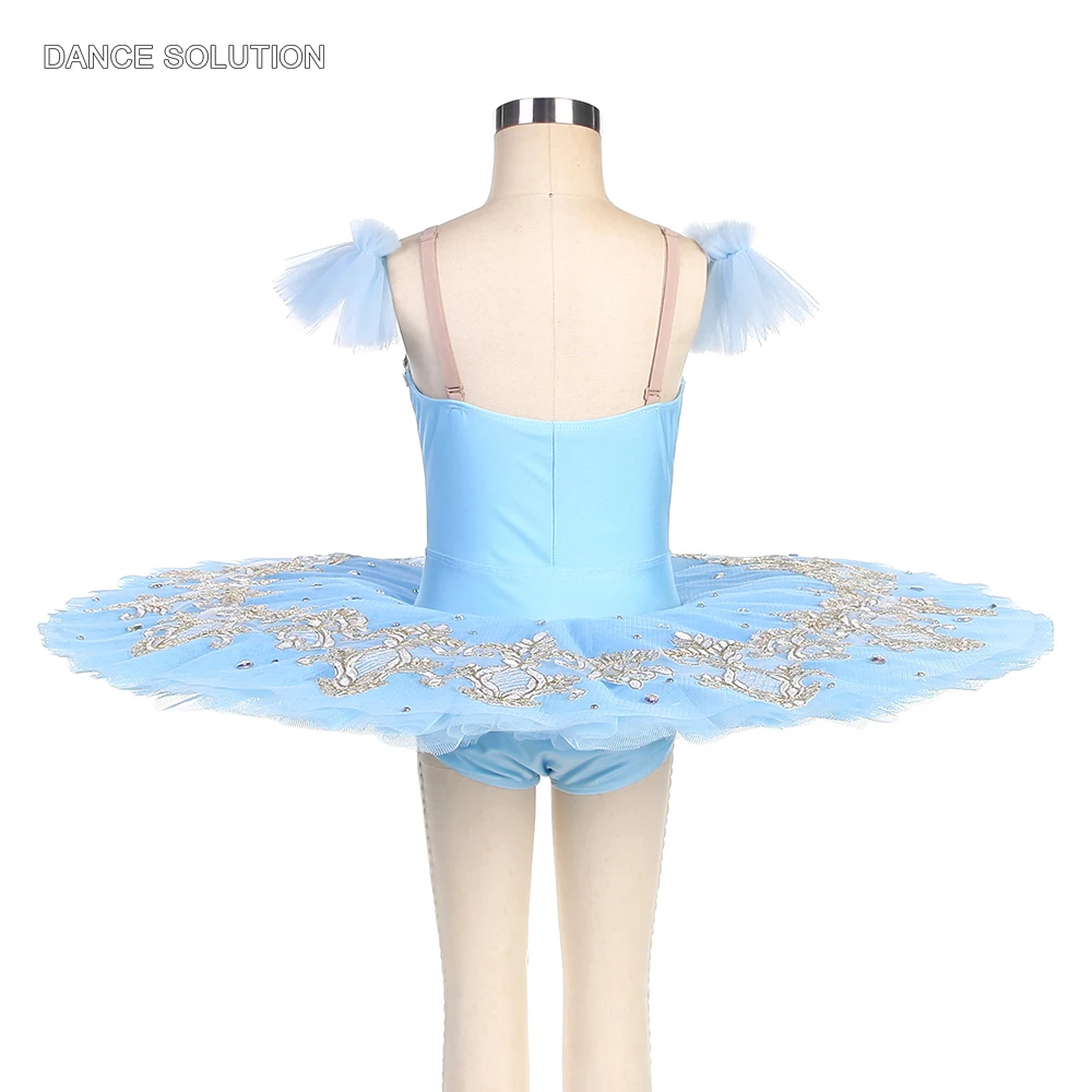 Sky Blue Spandex Bodice Ballet Pancake Tutu with Gold Sequin Trims Competition Costume for Women & Girls Performance Tutu BLL531