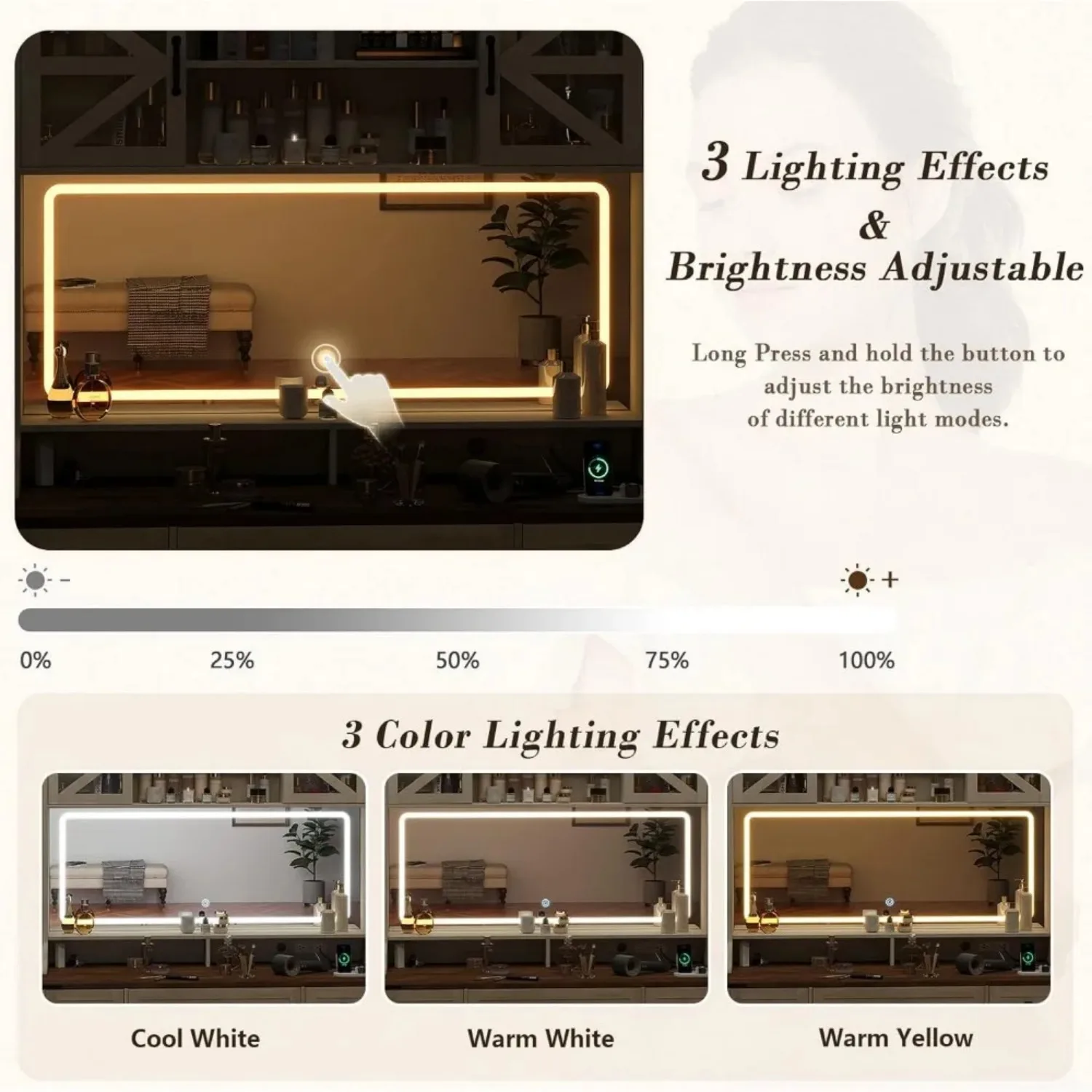 75.2" Farmhouse Vanity Desk with Mirror and Lights, 5 Drawers&2 Sliding RGB Door & Power Outlet, 3 Color Lighting Modes