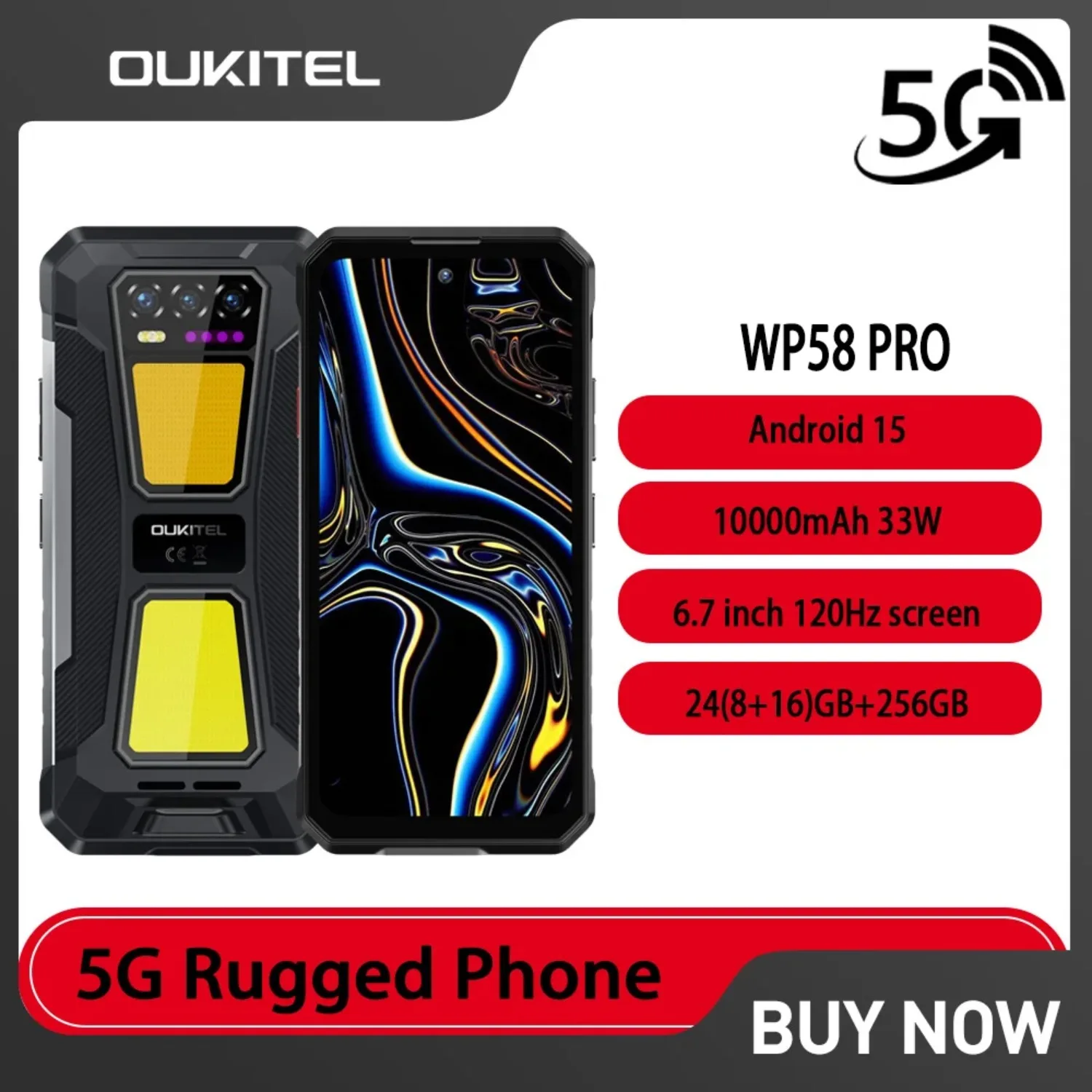 OUKITEL WP58 PRO 5G Rugged Smartphone 6.7 “ 120Hz Display 24(8+16)GB+256GB 10000mAh 33W 8MP Night Vision Camera Android 15 Phone