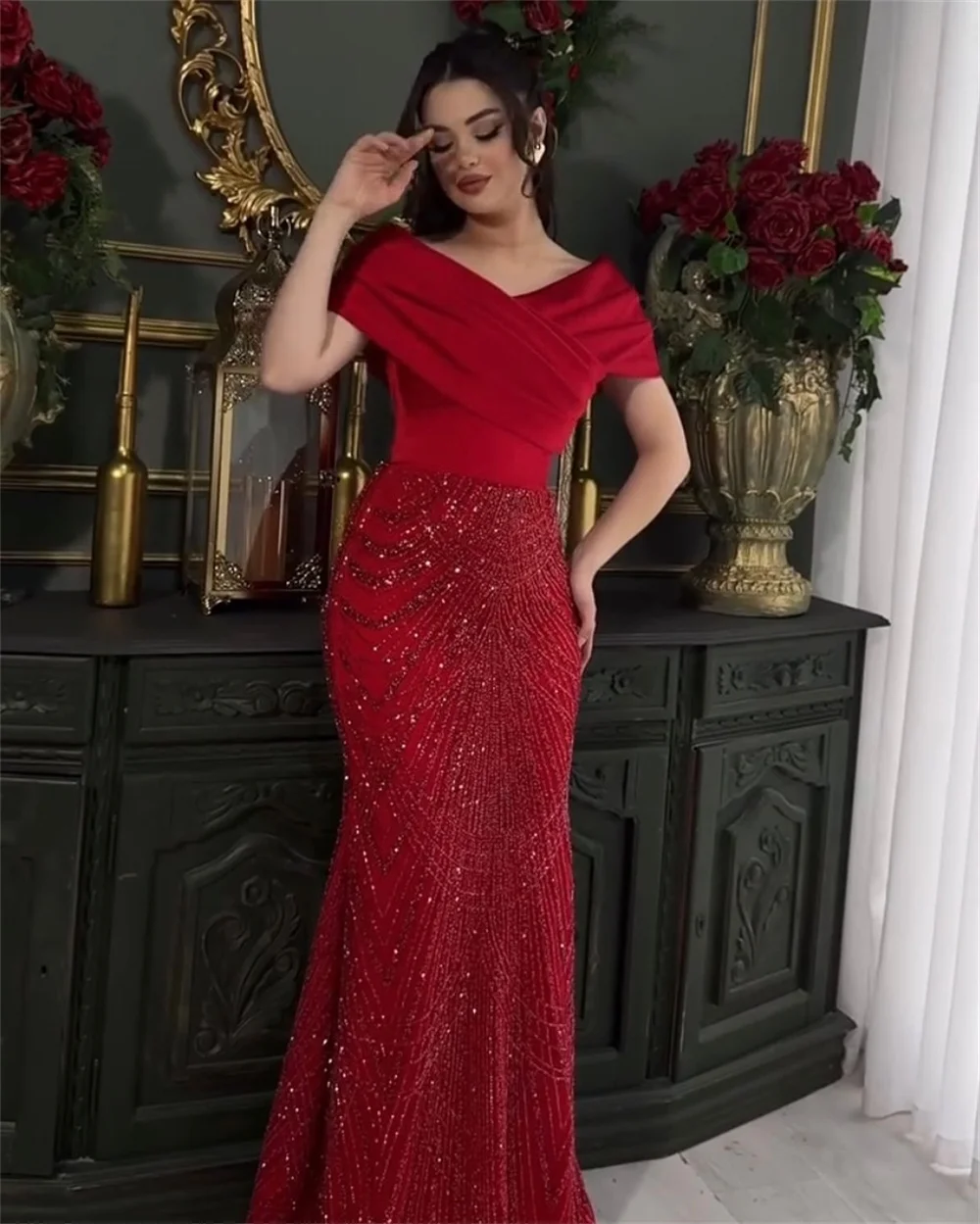 Contessa Dubai customized Red Mermaid Prom Dresses Beaded Off the Shoulde vestidos de noche Floor-Length Formal Evening 2025 image 4