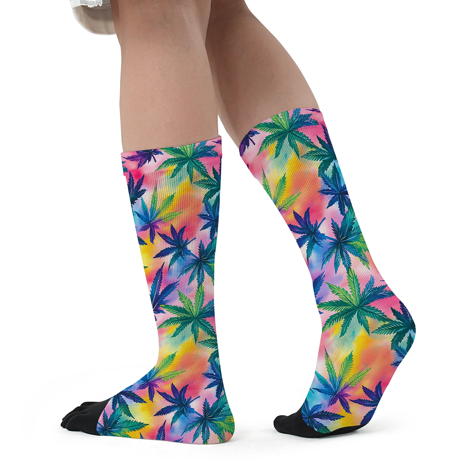 1 pair of tie-dye HEMP leaf print personality mid-tube sports fashion five-finger socks party themed quick drying elastic