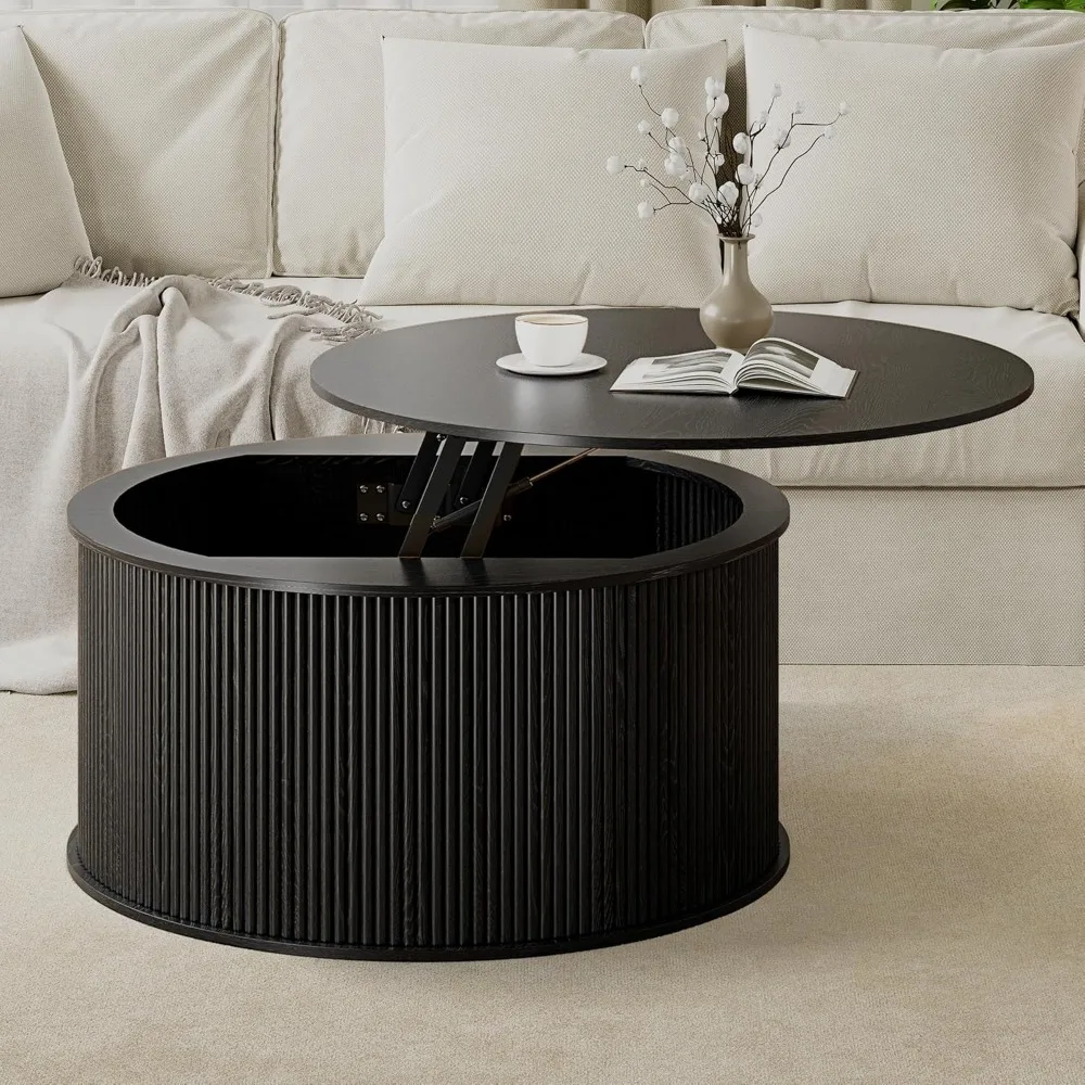 

Round Coffee Table, Lift Top Coffee Table With Storage, Farmhouse Fluted Center Table Circle Dining Table For Living Room, Recep