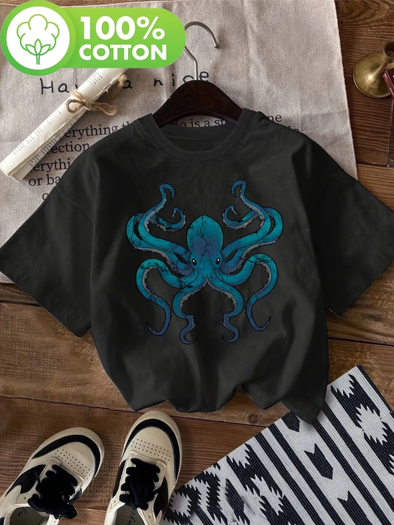 Vintage Octopus T-Shirt 100% Cotton Cool Octopus TShirt Men Women Fashion Adult Tee Casual Breathable Loose Round Neck Tee