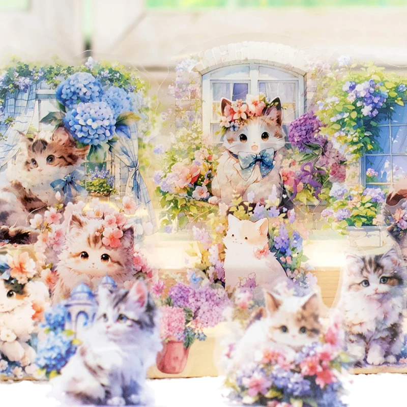 10pcs Cute Cat Rabbit Flowers Window Sticker PET Materials Collage Junk Journal DIY Scrapbook Supplies Aesthetics Decor Sticker