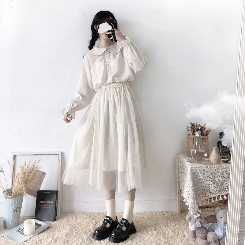 Casual Lolita Basic Solid White Shirt Loose Peter Pan Collar Long Sleeve Spring Summer Womens Tops And Blouse 2024 lace Shirt