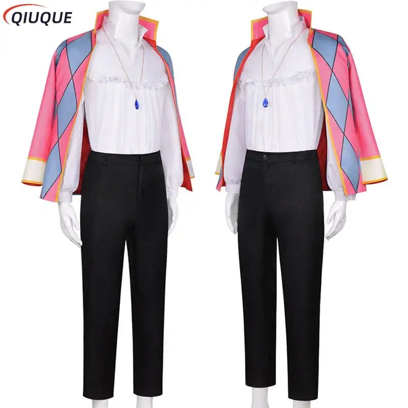 Howl Cosplay Peruca para Homens, Uniformes Anime, Roupas Halloween, Casaco, Brincos, Colar, Anel